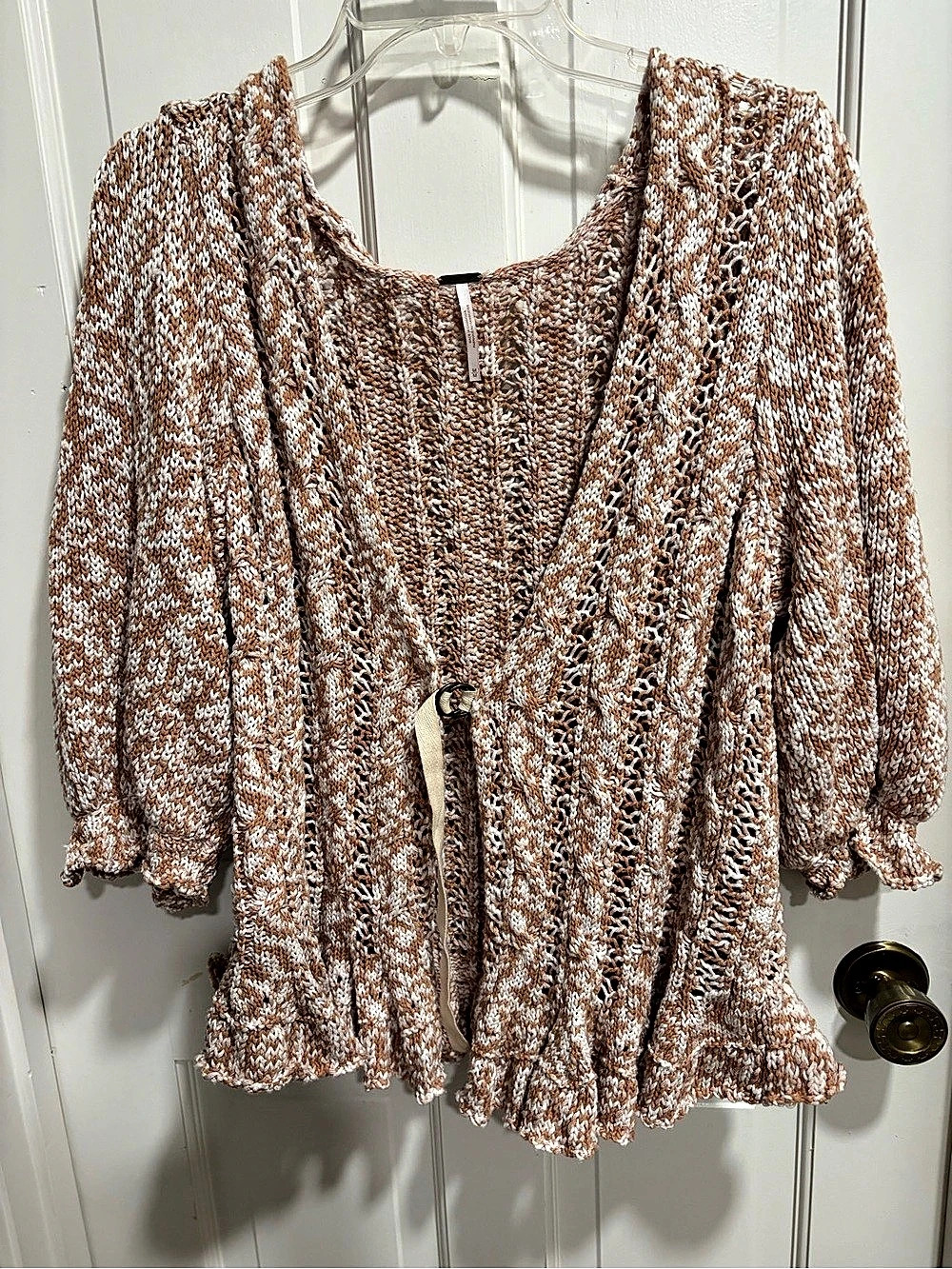 Free People Yesterday Chunky Knit Cardigan in Brown & White Size Medium